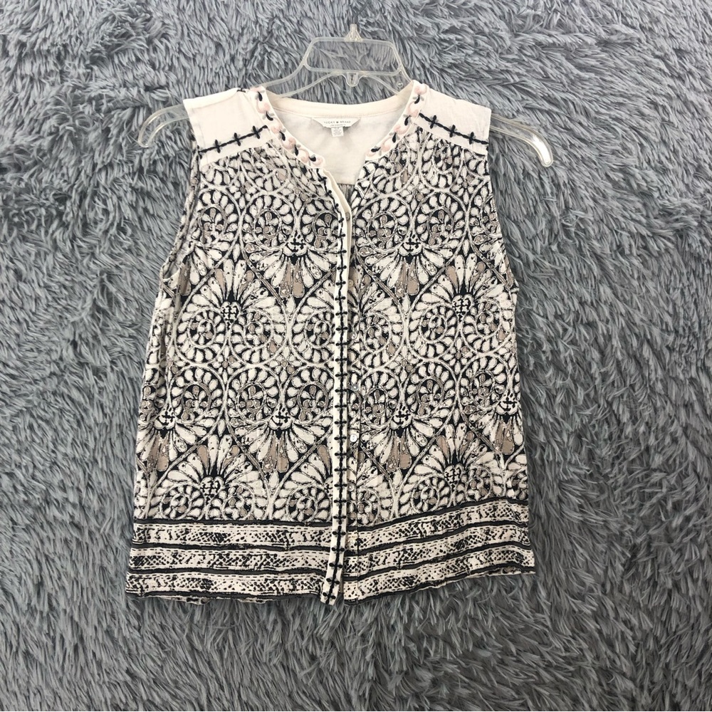 Lucky Brand Shirt Small Embroidered Mandarin Collar Button Up Heart Sleeveless